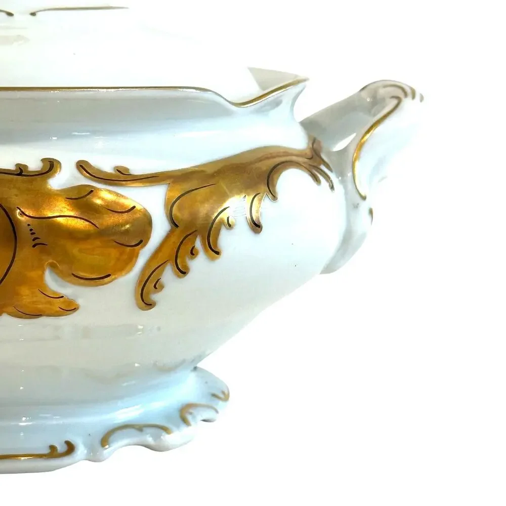Walbrzych Poland Serving Dish w/Lid White Heavy Gold Scrolls-Rare-Excellent !